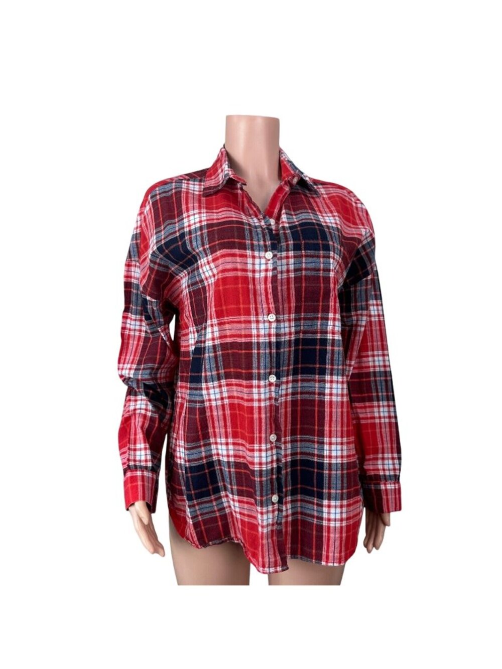 Old Navy The Boyfriend Shirt Womens Large Red Plaid Button Up Cotton Flannel